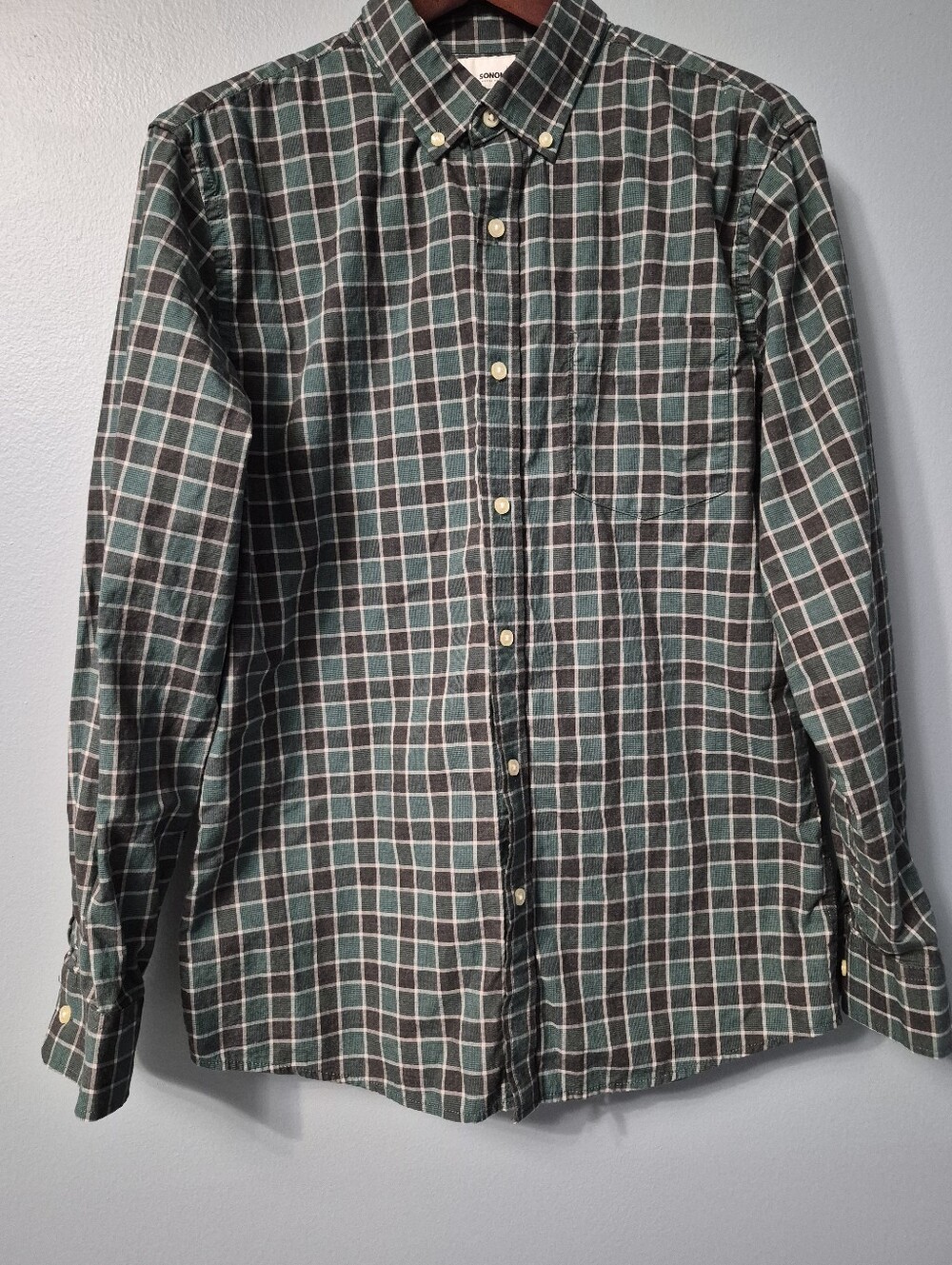Men's Green And Brown Plaid Button-Down Shirt, Modern Fit, Medium